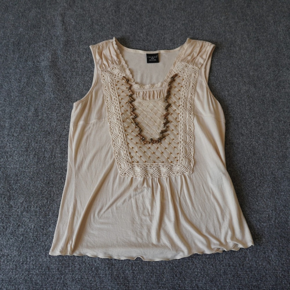Tribal M Medium Sleeveless Boho Crochet Beaded Tank‎ Top Beige